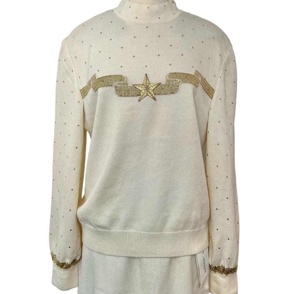 St. John Embellished Gold Star Ribbon Sweater Bright White Santana Knit M NWT